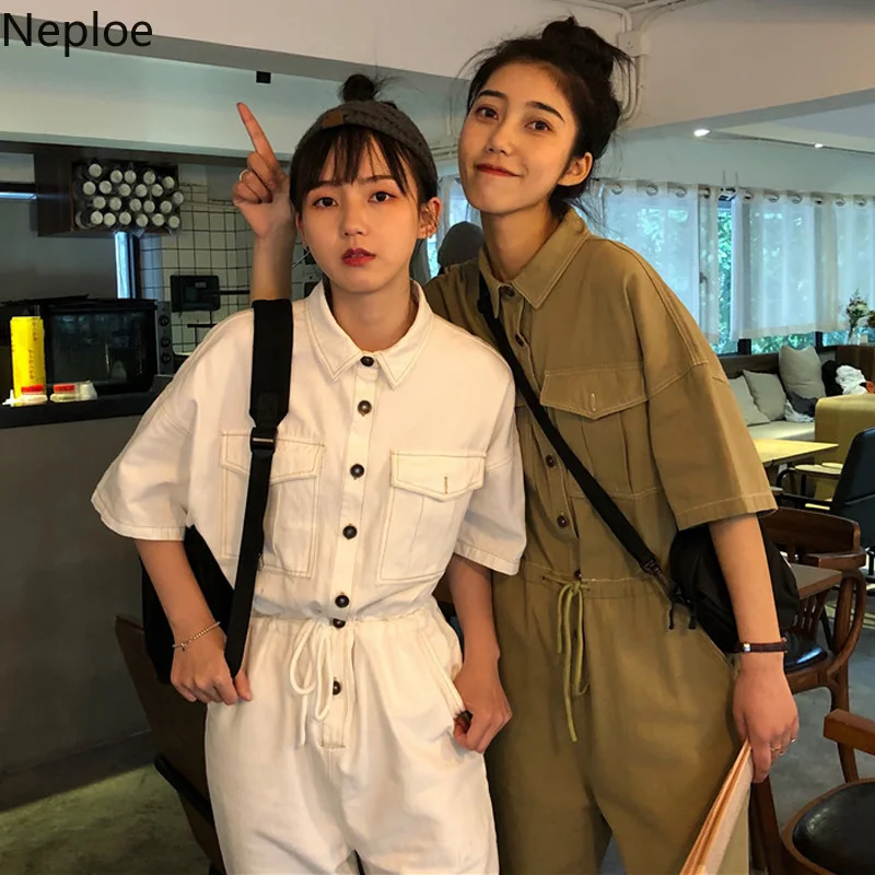 

Neploe 2019 Women New Tooling Playsuits Loose Short Sleeve Single Breasted Jumpsuit Summer Lace-up Slim Waist Rompers 52264