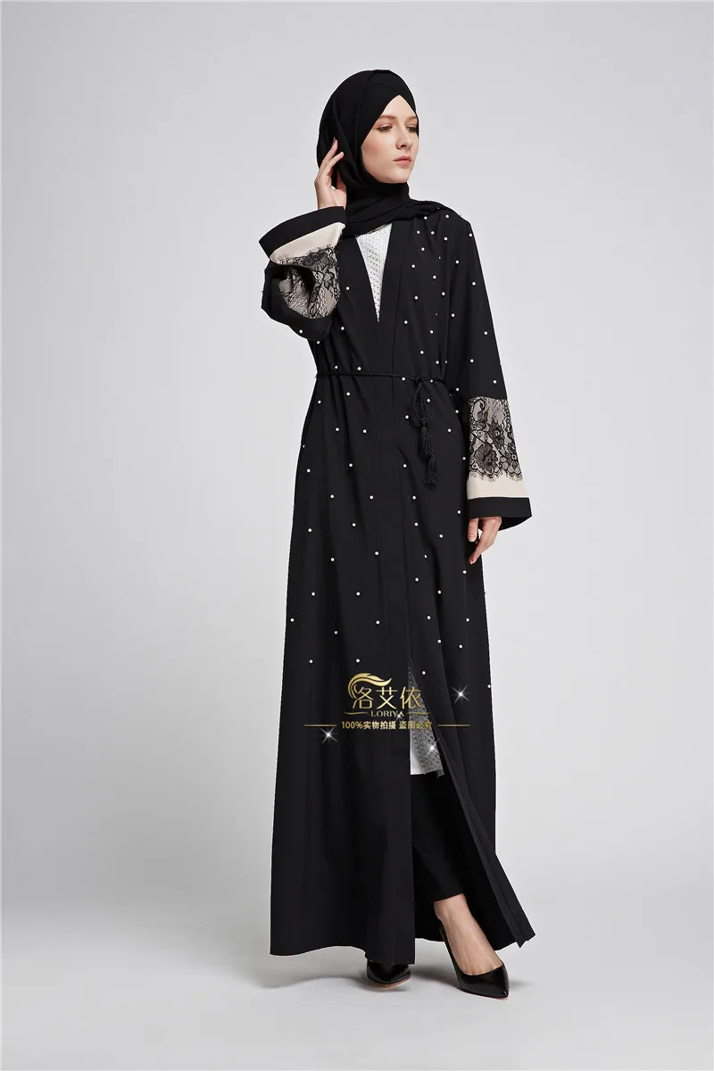 Плюс размер халат Малайзия платье Дубая женщины бисером жемчужное кружевное кимоно кардиган мусульманское платье хиджаб турецкая