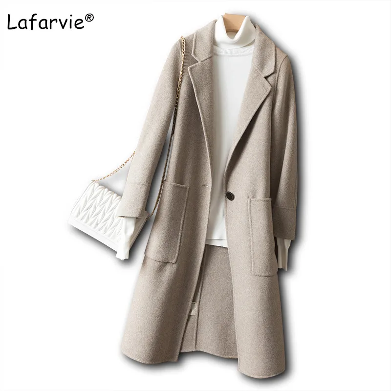 Goedkoop Lafarvie Warm Winter Wollen Jas Vrouwen Turn down Kraag Enkele Knop Zakken Lange Jas Overjas Vrouwelijke Toevallige Herfst Bovenkleding