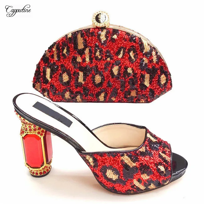 

New fashion red with sequins design high heel shoes and handbag sets with sequins CSB16, 2 color on sale