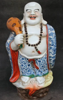 

Chinese Buddhism Flower Porcelain Wealth Bag Happy Laugh Maitreya Buddhas Statue