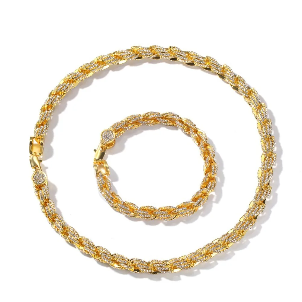 UWIN NE+BA 9mm Rope Chain Necklaces& Bracelets Full Iced Out Rhinestones Bling Biling 7/8/9inch Fashion Hiphop Jewelry - Окраска металла: gold set