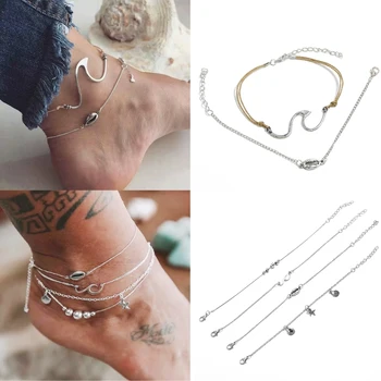 

pack of 2 beach anklets with shell and fish tail /wave pendant design in mixed link chains female enkelband