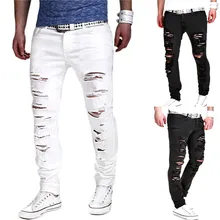 Для мужчин эластичный рваные мужские байкерские джинсы уничтожены клейкие ленты Slim Fit джинсовые штаны прямые середины талии молния Fly Брюки 3,22