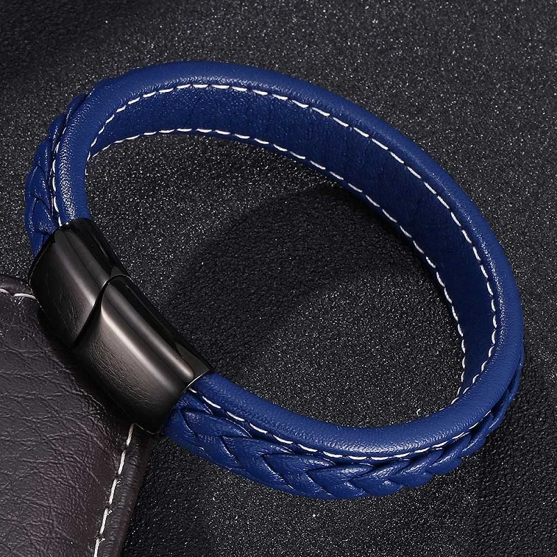 

Bracelets for Men Jewelry Blue Leather Bracelet 3 Colors Stainless Steel Magnetic Clasps Personality Male Wrist Band Gifts 0019