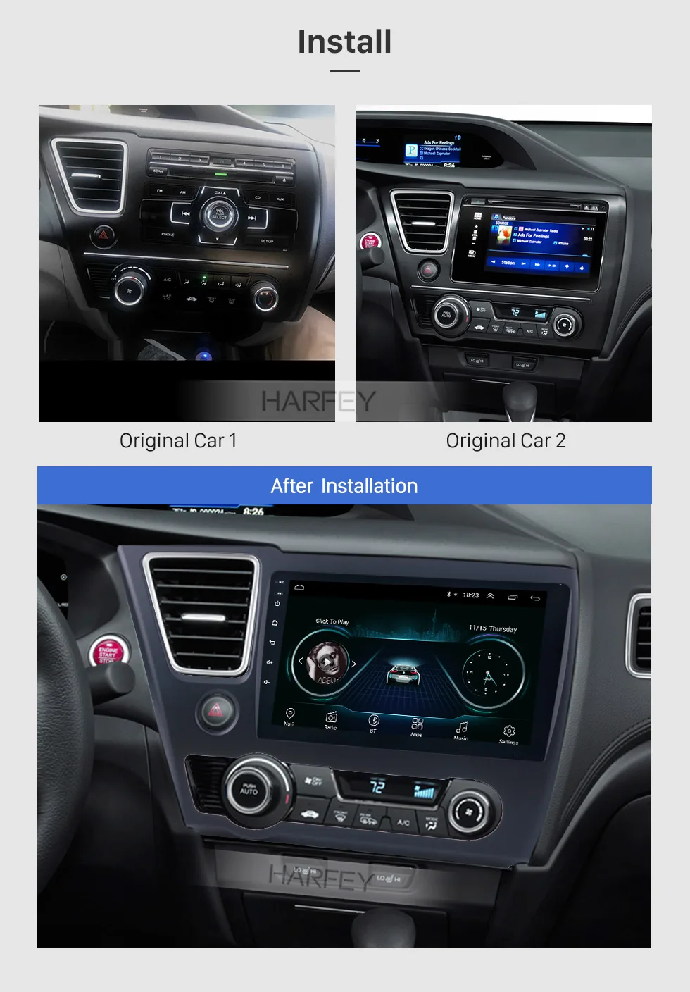 Cheap Harfey Android 8.1 9" for HONDA CIVIC 2014 2015 2016 2017 HD Touchscreen Radio GPS Navigation head unit with Bluetooth WIFI 2