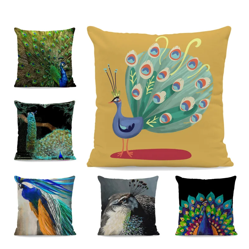 

Peacock Feather Cushion Case Cartoon Flower Pillowcase Retro Living Room Decorative Home Throw Pillow Cover Word 17In Peach Skin
