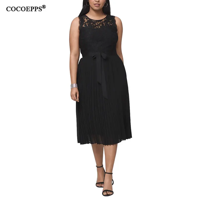 

COCOEPPS 2019 New Large Size Lace Summer Autumn Dress Women Pleated Dress Big Size Sleeveless High quality dress Female Vestidos
