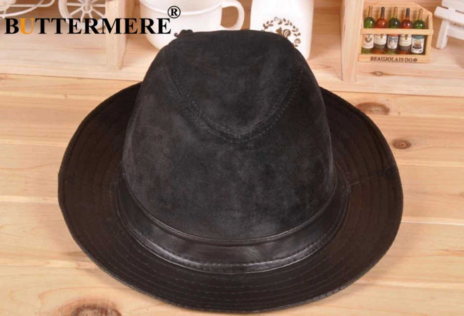 BUTTERMERE, фетровая шляпа с широкими полями для мужчин, черная, Трилби, мужская, натуральная кожа, повседневные, джаз, шапки, Осень-зима, модные, свинина, пирог, шапки
