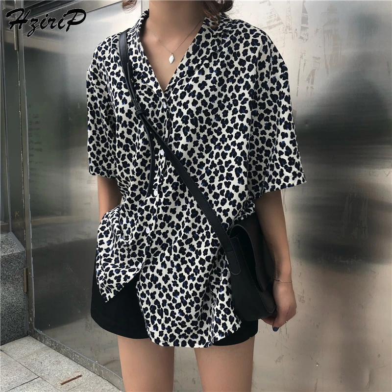 Cena HziriP Kobiety Bluzki 2018 Lato Luźne Skręcić w d oacute;ł Kołnierz Dorywczo Wakacje Leopard Shirt Kobiet Topy Koszule Blusas Camisas Mujer