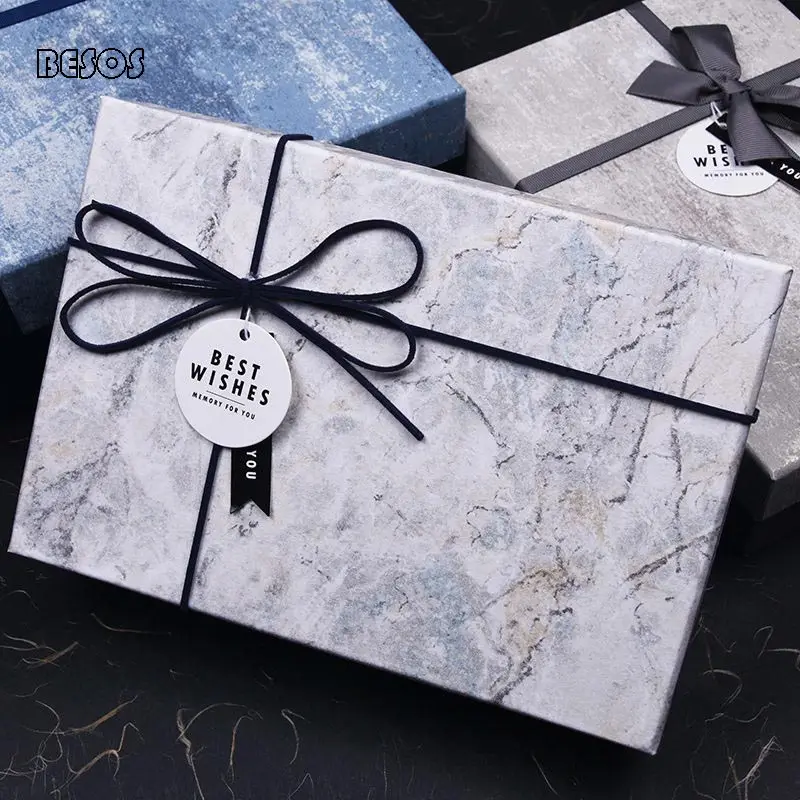 

Large Cardboard Valentine's Day Festival Birthday Wedding Party Ribbon Bowknot Marble Rectangular Gift Packing Box B030B