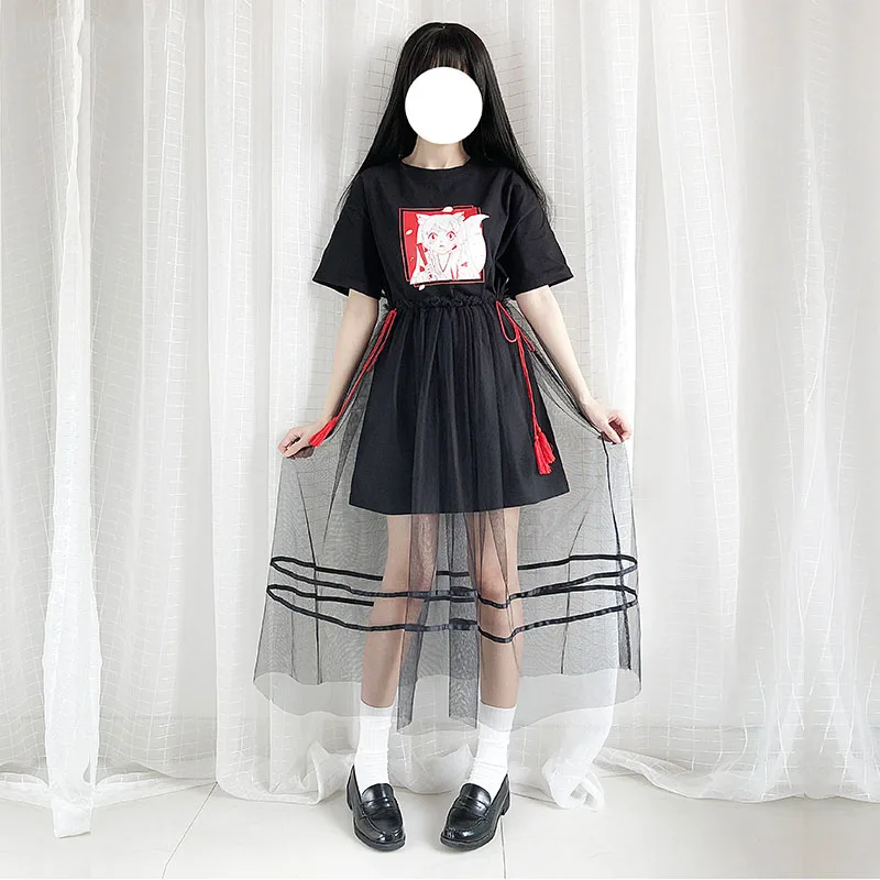 

Lolita Girls Short Sleeve Long Shirt Dress Antique Style Fox Printed Women Summer Mesh Black Mesh Dress 2pcs Set