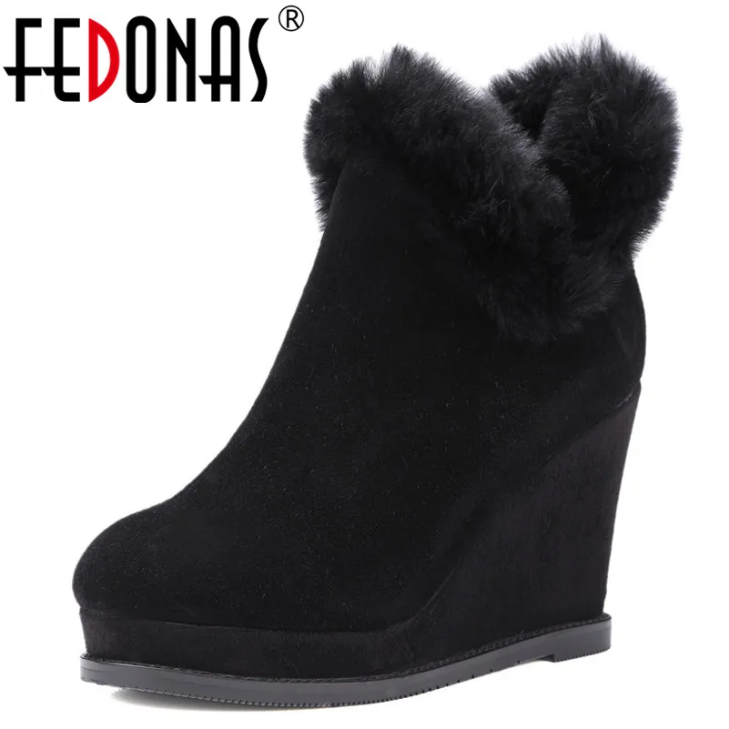 

FEDONAS Womens Boots Fashion High Heel Zipper Ankle Boots Ladies Platforms High Heels Winter Shoes Woman Fur Warm Snow Boots