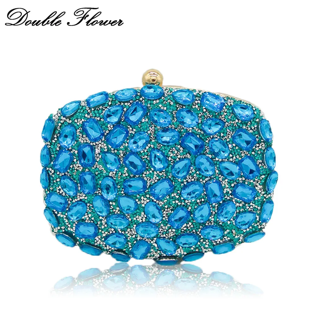 

Double Flower Light Blue Hot-Fixed Rhinestones Women Evening Bags Wedding Party Cocktail Bridal Handbags Crystal Clutch Purse