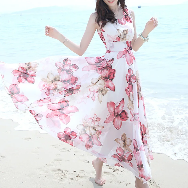 

Plus Size Women Chiffon Dress Boho Flower Print Summer Women Maxi Dress Vestidos High Waist Sleeveless Women Bohemian Long Dress