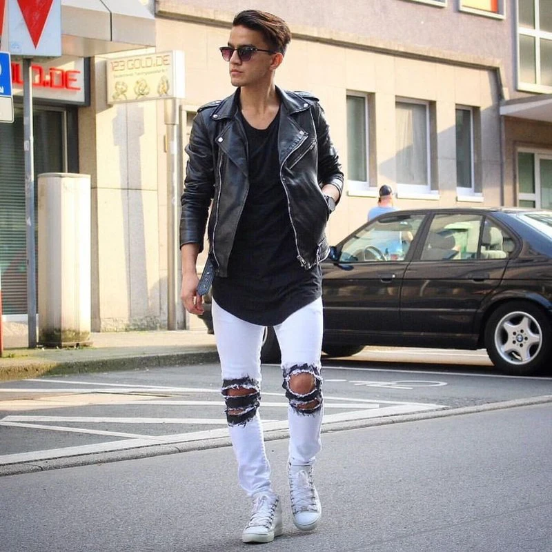 New Autumn Distressed Skinny Ripped hip hop Jeans Mens Big Hole On Knee