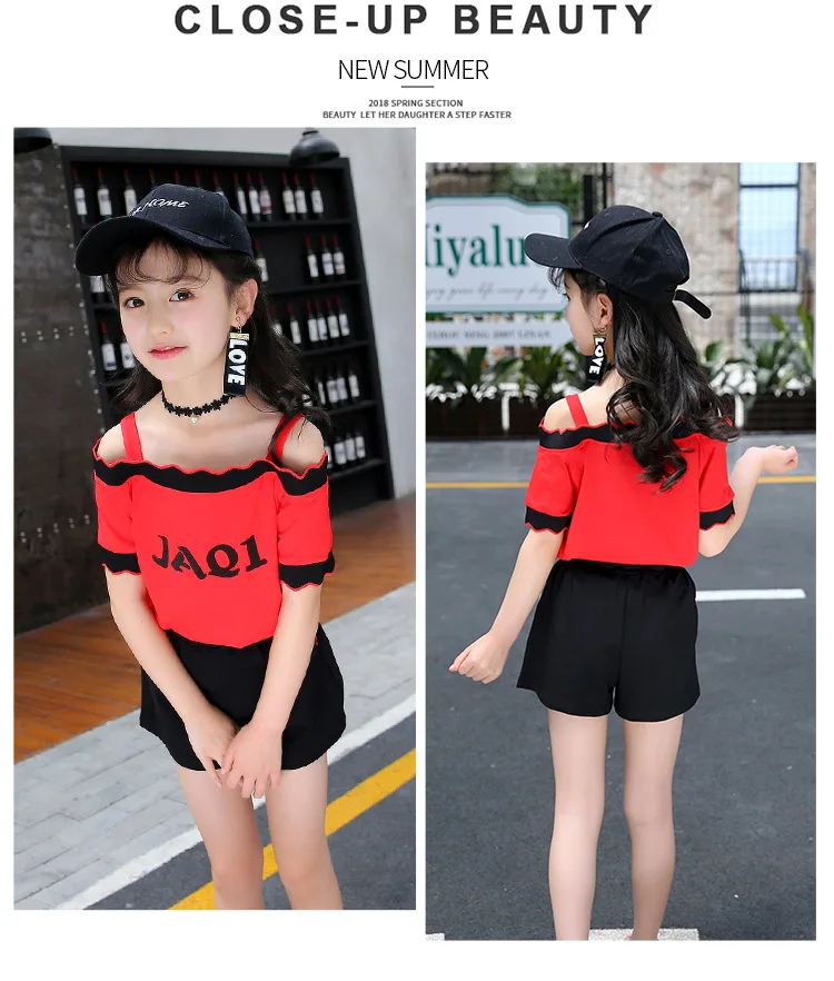 Cute Casual Teenage Clothes For Girls Clothing Sets 2019 Summer Children Shoulderless Letter Tshirt Tops Shorts 2Pcs Kids Suit (6)