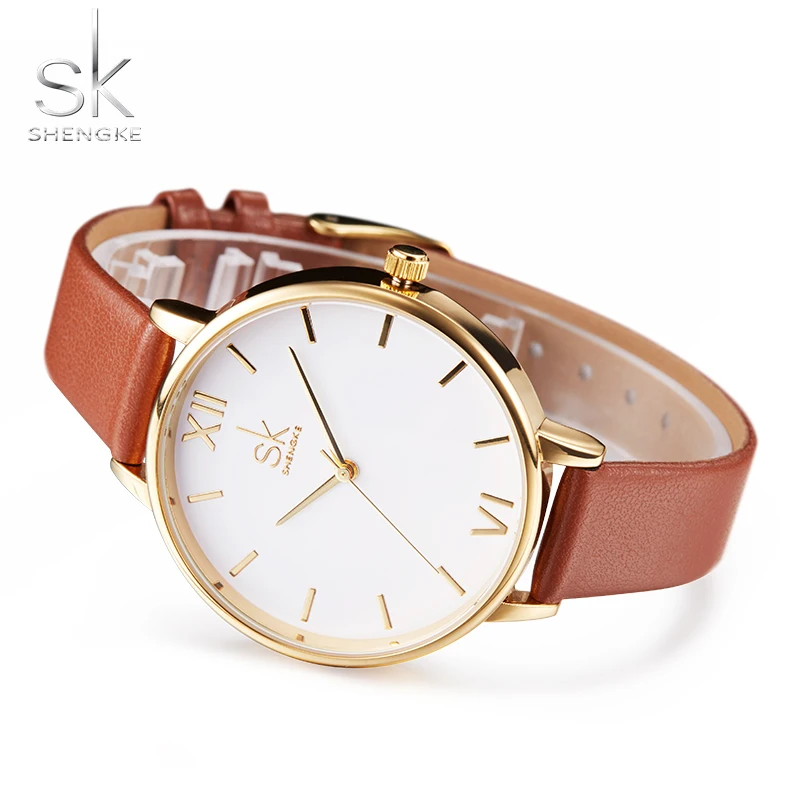 En Ligne Shengke Marque Femmes Montres Simple En Cuir Montre Bracelet Dame Or De Luxe Cadran Montres Mixmatch Relogio Feminino Brun En Cuir 2017