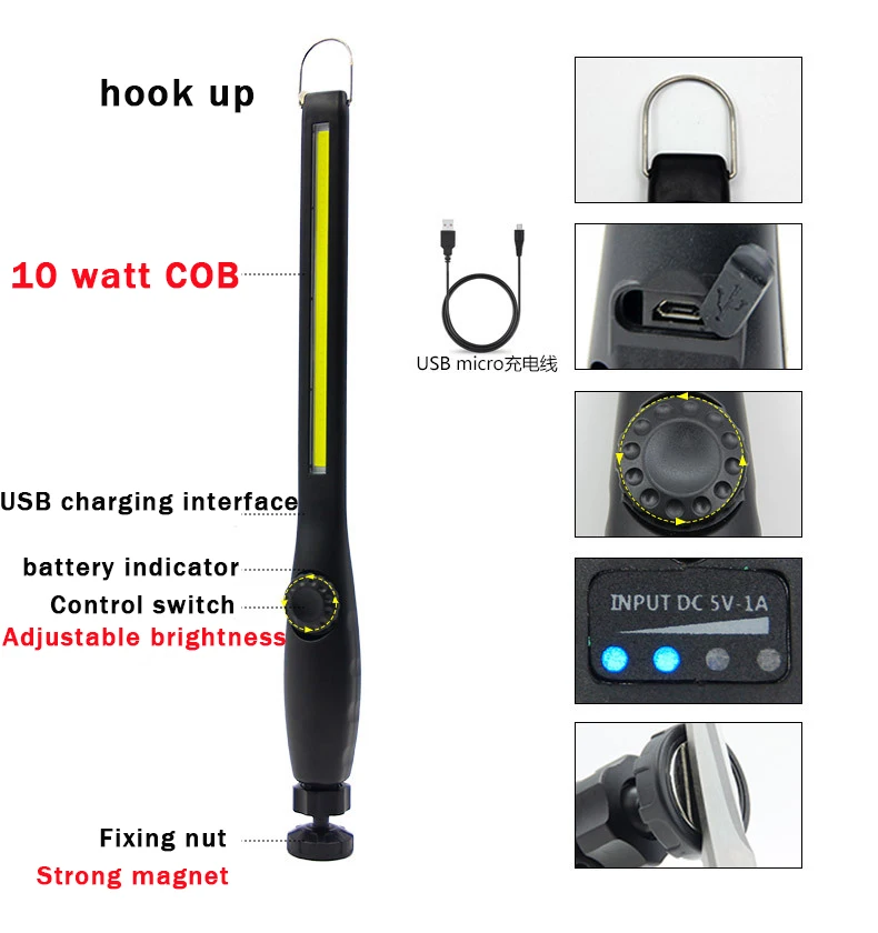 Портативный 10 Вт COB светодиодный аварийный Магнитный рабочий светильник, контрольная лампа, ручной инструмент, гаражный светильник, зарядка через USB, подставка, подвесной фонарь, лампа