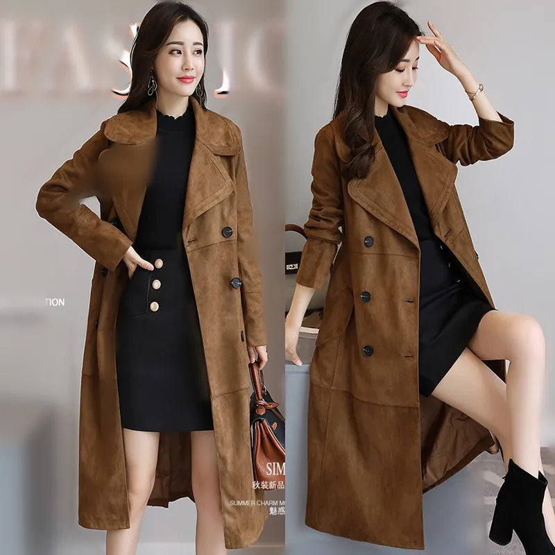 Peau Et Longue Couleur Doux Femme Tranchée À Daim Élégant Printemps Breasted Automne Manches De Longues Pure Double Velours Marron dRBqTvxnxf