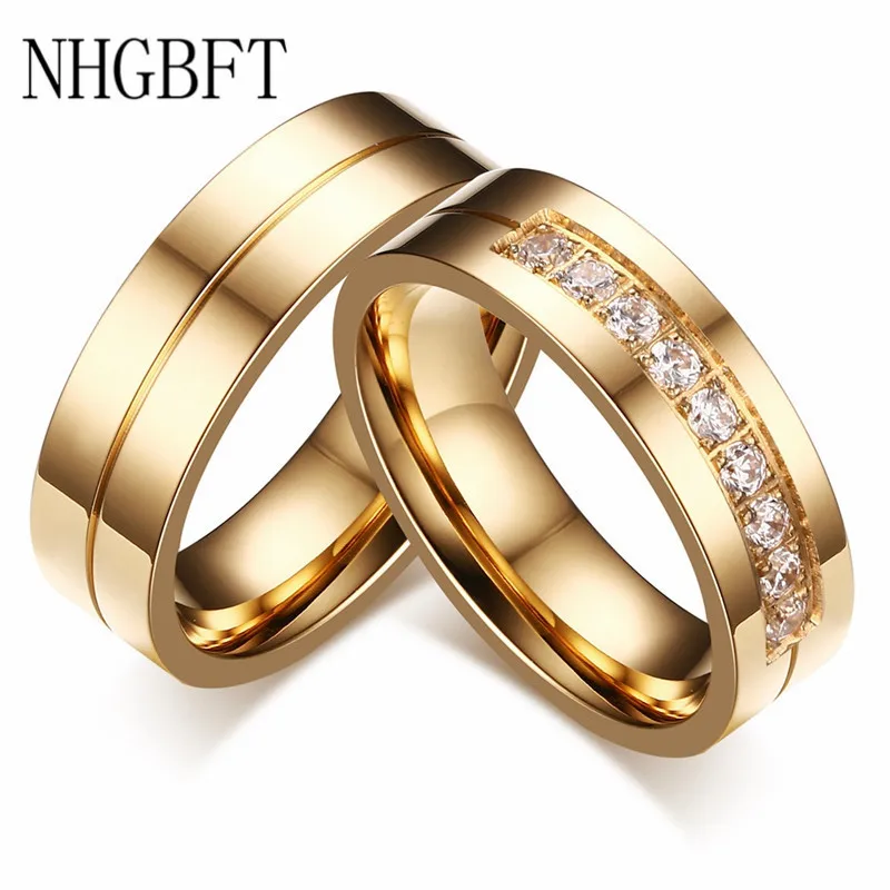 NHGBFT 6mm wide Stainless steel Gold Color CZ Ring for women mens Wedding Couple Ring jewelry Dropshipping