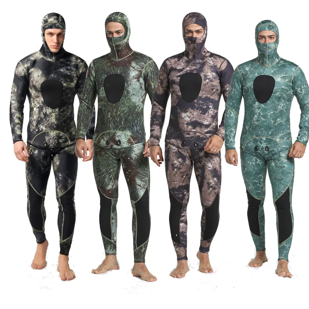3MM Camo Neoprene Diving Wetsuit Two-Piece Fullsuit with Hood Jacket & Long John 