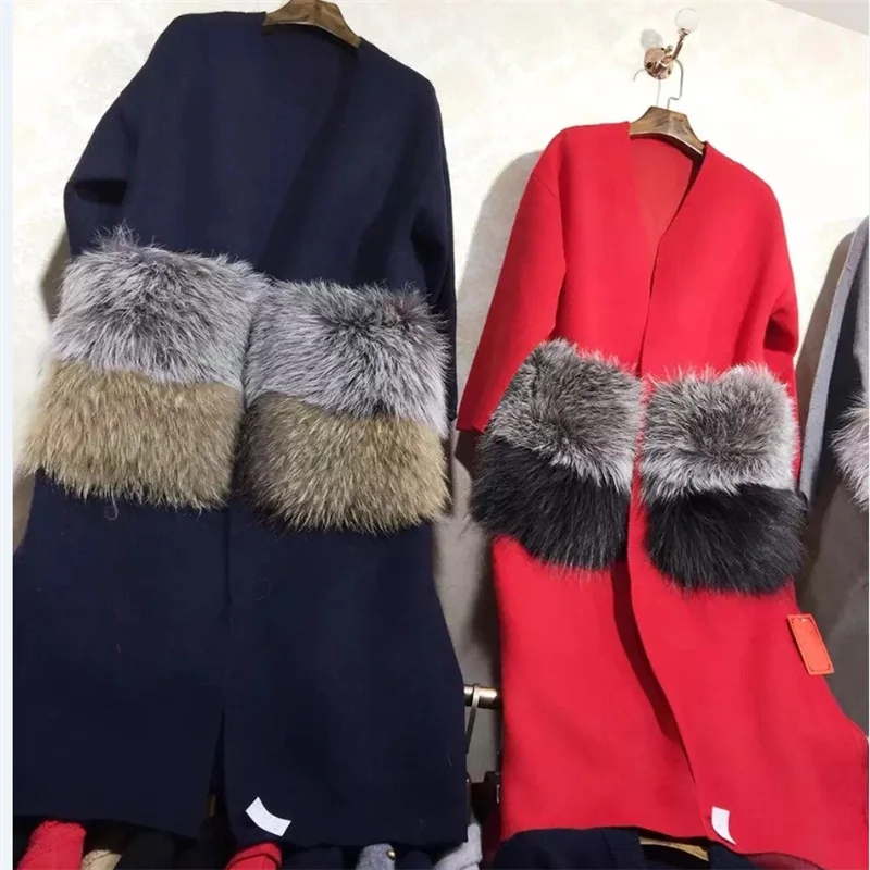 Новое зимнее пальто из норки и кашемира, длинное пальто с большими карманами из меха серебристой лисы, разноцветное роскошное пальто-кардиган
