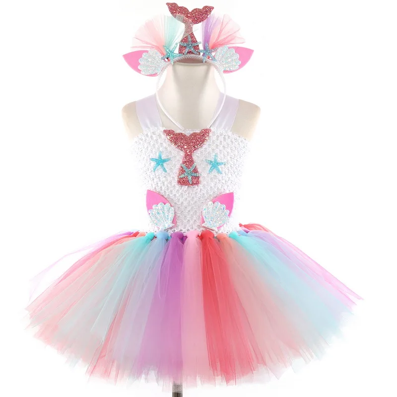 Новые костюмы русалки для девочек с цветком и повязкой на голову, комплект для девочек, платье-пачка с цветком русалки детские Вечерние платья на день рождения, Vestiso