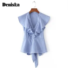 DENISKA Summer Women Fashion Striped Ruffles Blouses Butterfly Sleeve Back Bow Tie Shirts 2017 Female Casual Blusas Cool Tops