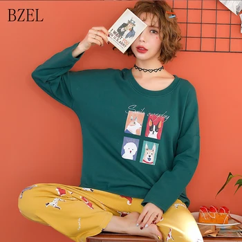 

BZEL 2019 New Spring Cotton Girl Cartoon Pajamas Sets Long Sleeved Casual Pyjamas Women Round Neck Sleep Lounge Pijama Mujer XXL