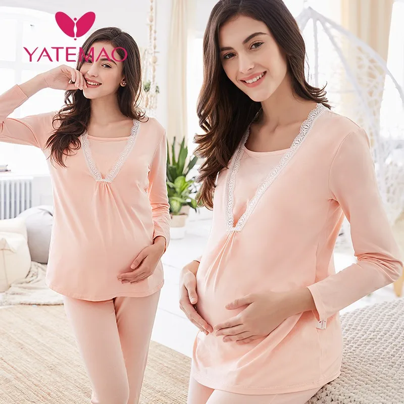 Пижама из хлопка с длинным рукавом YATEMAO зимняя для кормящих мам|nursing pajamas|winter nursing