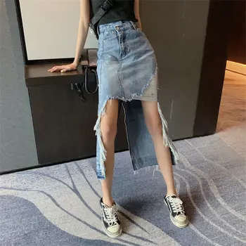 

HziriP Hot 2019 Summer High Waist Jean Womens Female A-Line Simple High Quality Loose Irregular Streetwear Denim Skirts Femme