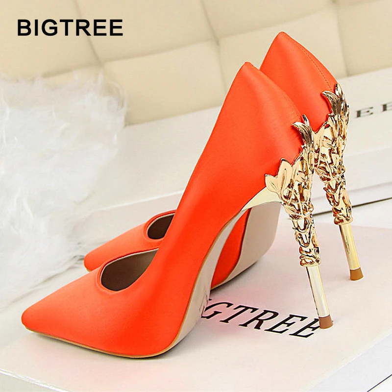 

BIGTREE Metal Carved Women Shoes Sexy High Heels Solid Silk Women Pumps Shallow High Heels Shoes 10cm Wedding Shoes