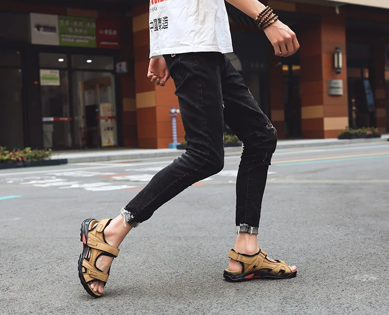 Летние мужские сандалии; высококачественные мужские сандалии из натуральной кожи; дышащие мягкие пляжные шлепанцы; повседневная мужская обувь в римском стиле; большие размеры