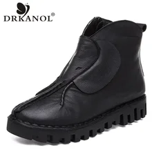 DRKANOL Mulheres Flats Ankle Boots de Couro Genuíno Botas Martin Botas Outono Inverno Mulheres Quentes Sapatos de Plataforma Preto Botas Feminina