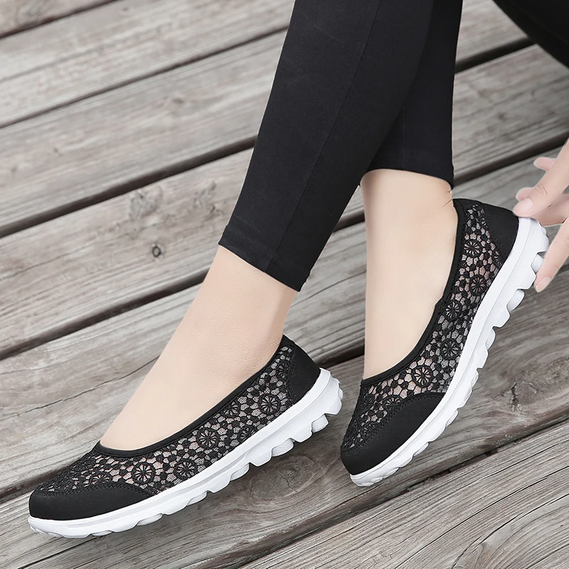 Summer  Woman  Zapatos Mujer Lace Breathable Lace light Weight Walking Shoes Loafer Sneaker Sport Shoes Adult Black Color 