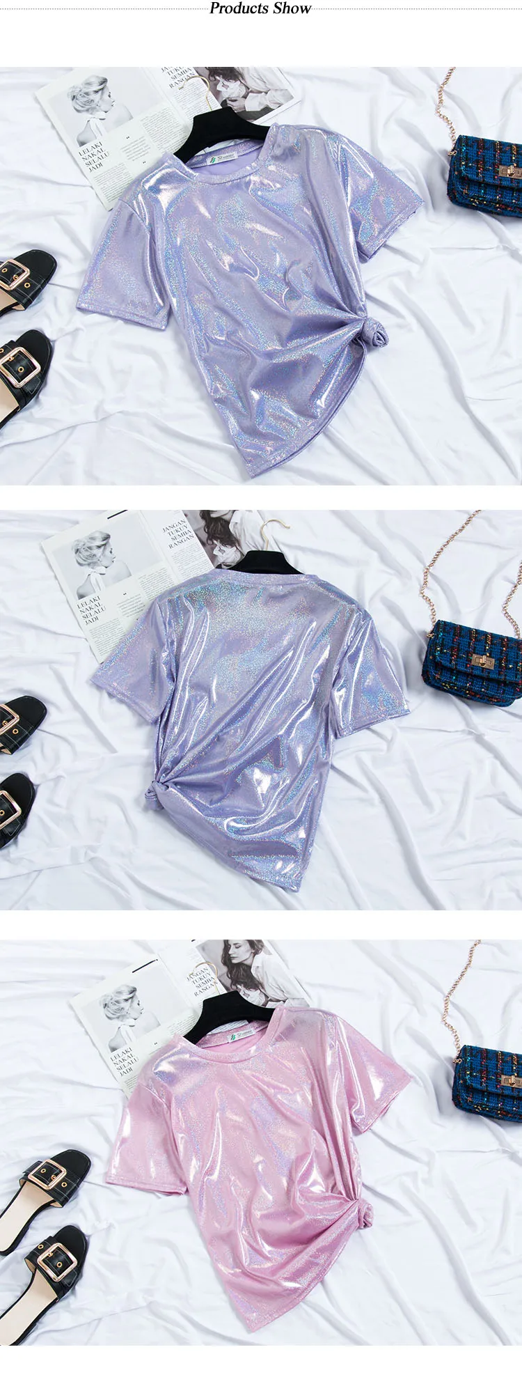 HELIAR Женская летняя футболка «О образным вырезом атласная светло глянцевая ткань Дамская пикантная обувь для ночного клуба, футболка со складками приталенные, с коротким рукавом, футболки