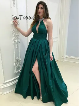 

A Line Emerald Green Evening Dress With Slit Halter Beaded Neck Full Length Long Prom Dress Keyhole Front Plus Size Evening Gown