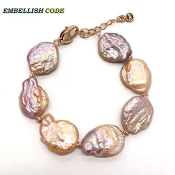 

unusual baroque pearls bracelet charm bangle with red golden beads peach purple color Good gloss charm for women flat oval shape