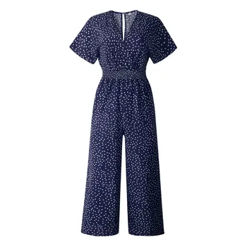

2019 Women Jumpsuit Short Sleeve V Neck Dot Casual Playsuit Overalls Ladies Wide Leg Loose Yellow Green Navy Playsuit 7.15