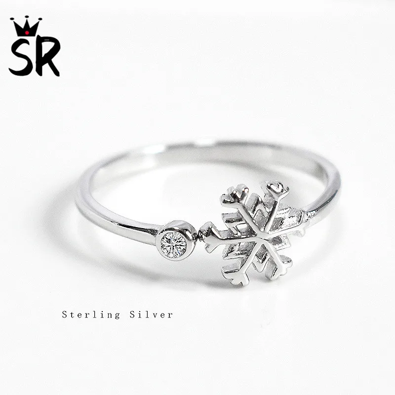

SR Real 925 Sterling Silver Snowflake Flower Cubic Zirconia Open Rings Women Adjustable Original Fine Jewelry Wedding Party Gift