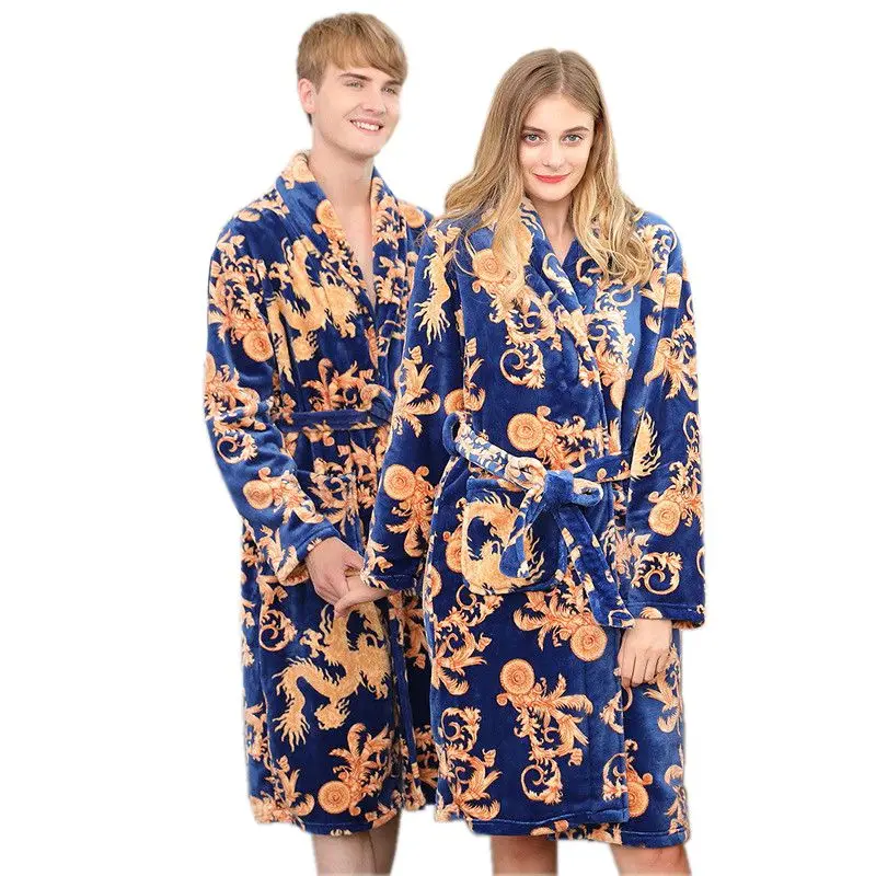Couples Long Flannel Robe Women Gown Set Men Oversize Loose Home