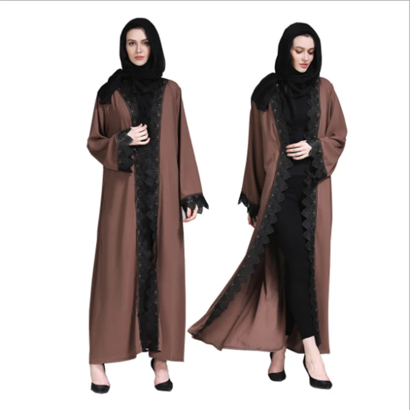 Casual Muslim Abaya Lace Maxi Dress Cardigan Loose Sashes Kimono Tunic ...