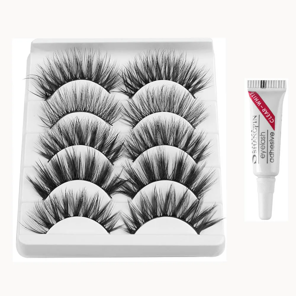 5 Pairs 3D Soft Mink False Eyelashes with glue Wispies Mixed Styles Natural Long Mink Lashes Handmade Full Strips Eyelash Makeup