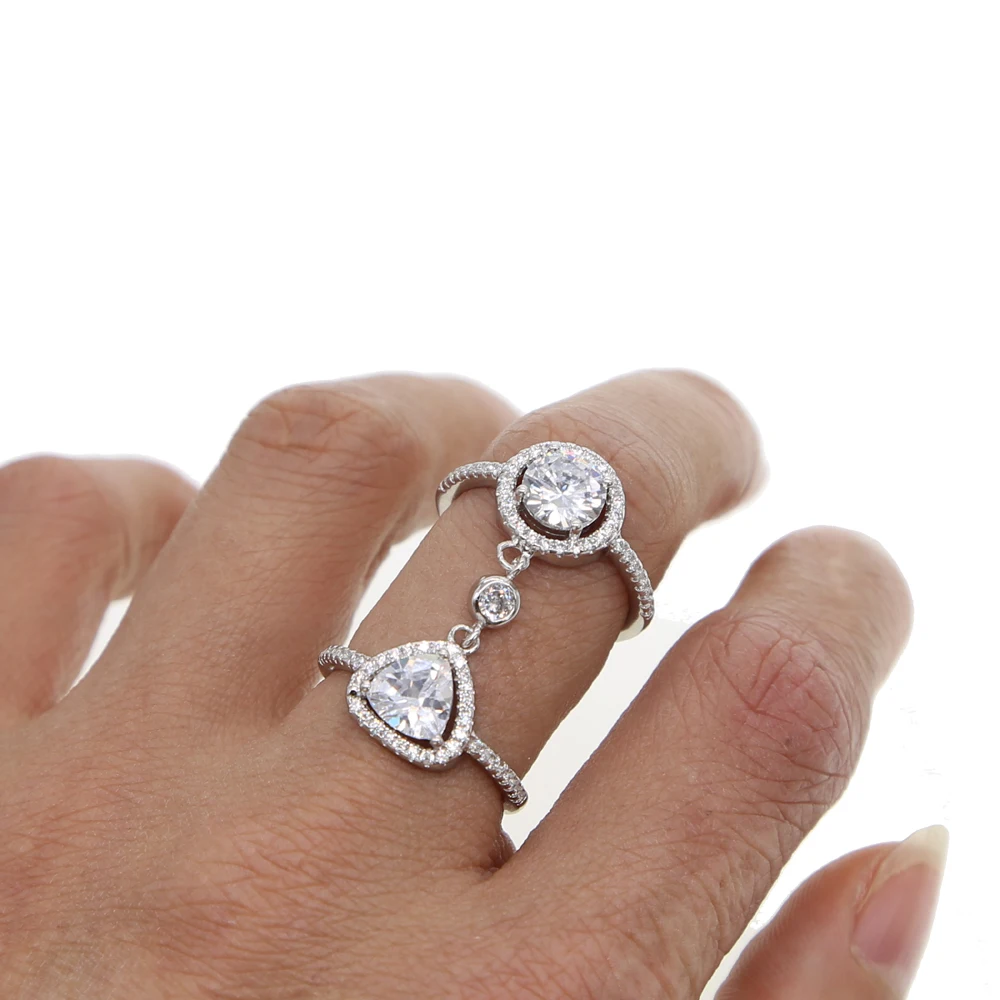 

2018 Wedding enegament jewelry double finger silver color bling sparking women elegant full finger jewelry ring stunning