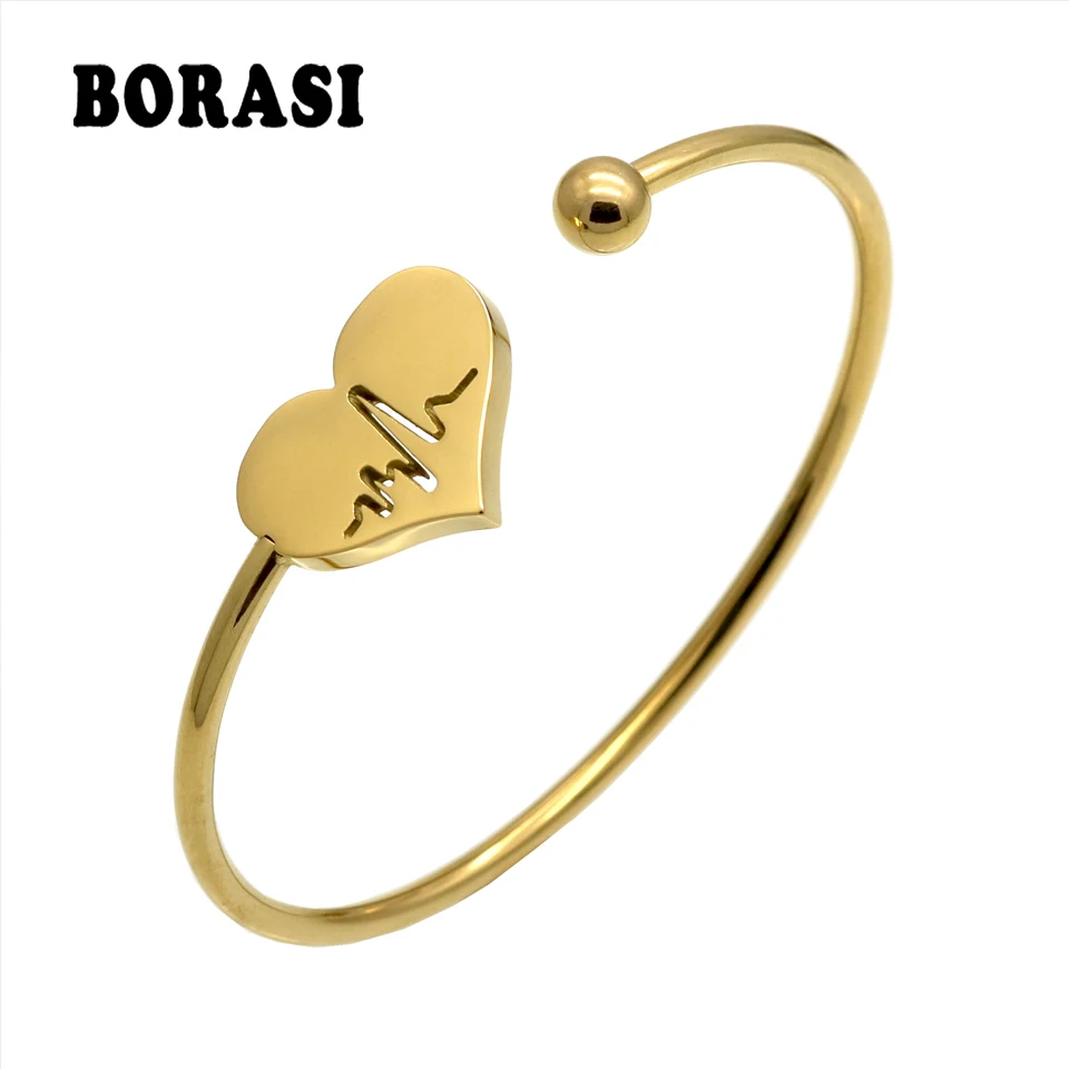 

Fashion Stainless Steel Bangles & Bangles Hollow Heart Carved Electrocardiogram Charm Bracelets Jewelry For Women Love Gifts