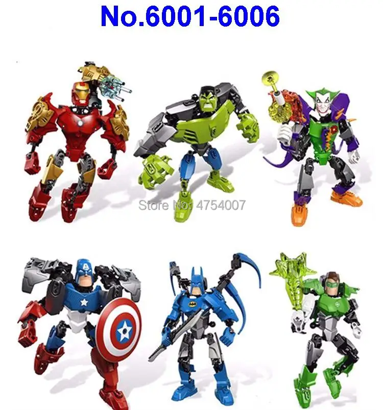 

6001-6006 super heroes iron man hulk batman captain america clown green light man robot building block Toy