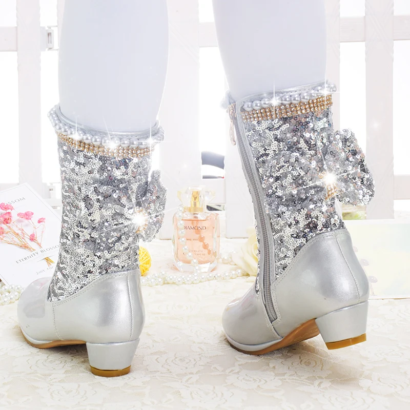

2018 Girls Knee-High Fashion Snow Boots with Velvet and Knot, Princess Bling dance Performance shoes, Siver , size 28-38