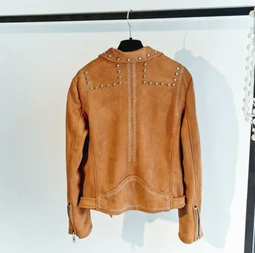 Studded Suede Short Long Sleeve Coat Women's Faux Leather Jacket Outwear  S33
