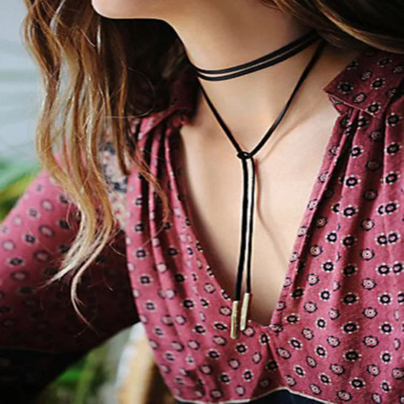

New Bohemian Style Leather Metallic Conduit Charms Long Choker Necklace Torques Women Collar Jewelry